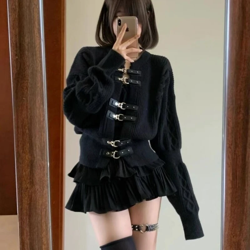 Cute Autumn Black Elegant Clothing Suit Casual Sweater Tops + Slim Y2k Mini Skirt Party Korean Fashion 2 Piece Skirt Set Woman