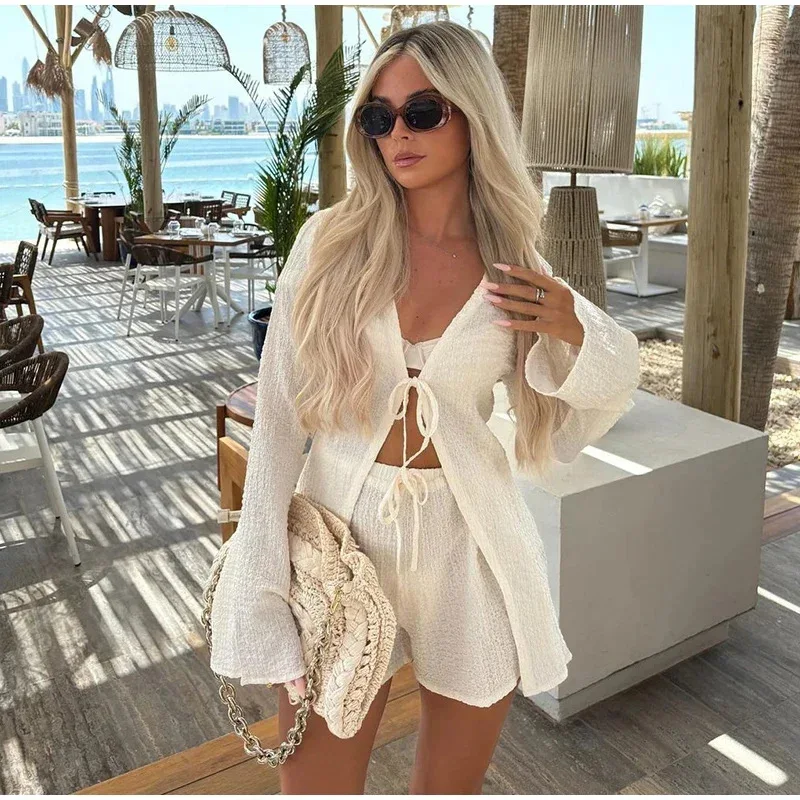 

2024 Summer Elegant Solid Vacation 2 Piece Set Women V Neck Lace Up Long Flare Sleeve Tops Drawstring Shorts Beachwear Outfits