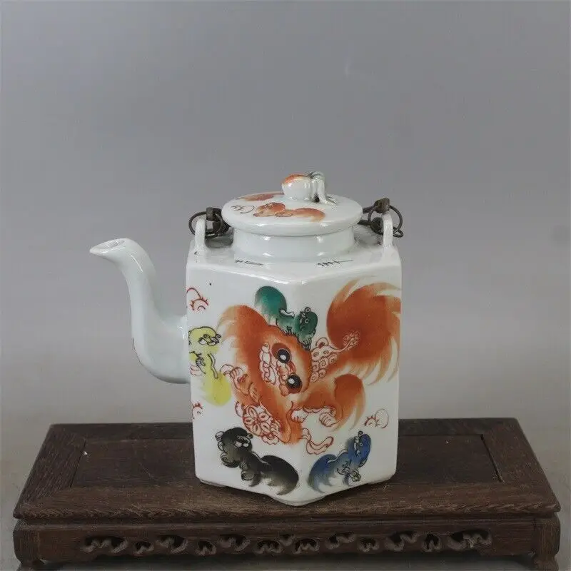 Китайский заварочный чайник Hexago Qing Tongzhi, из Розового Фарфора, с дизайном Львов, 6,30 дюйма