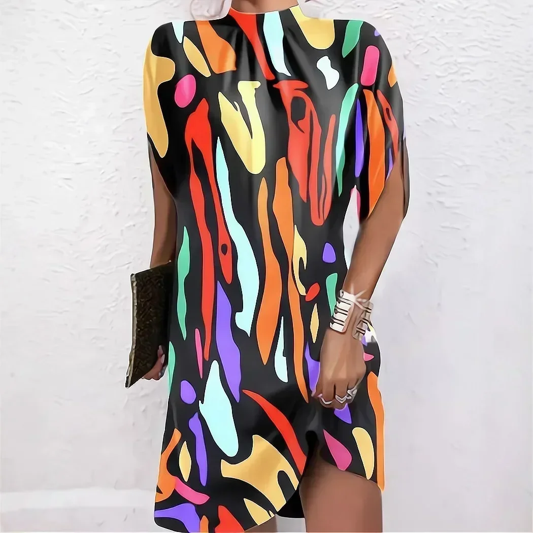 Women Mock Neck Batwing Sleeve Mini Dress Floral Print Irregular Hem Loose Casual Summer Dress Many Patterns