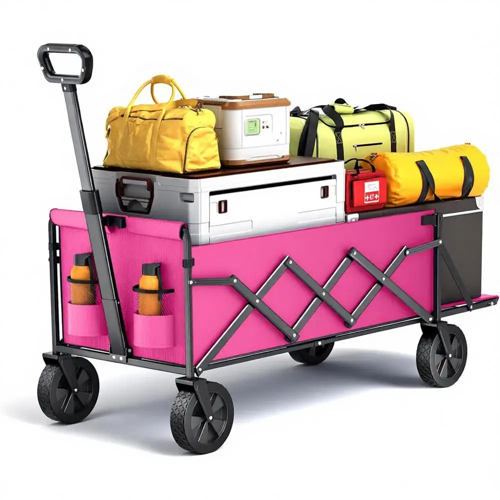 

Collapsible Wagon Cart, Extended Tilt, Heavy Duty, Portable Shopping Cart, Groceries, Garden, Camping, Sports, Outdoor, Pink