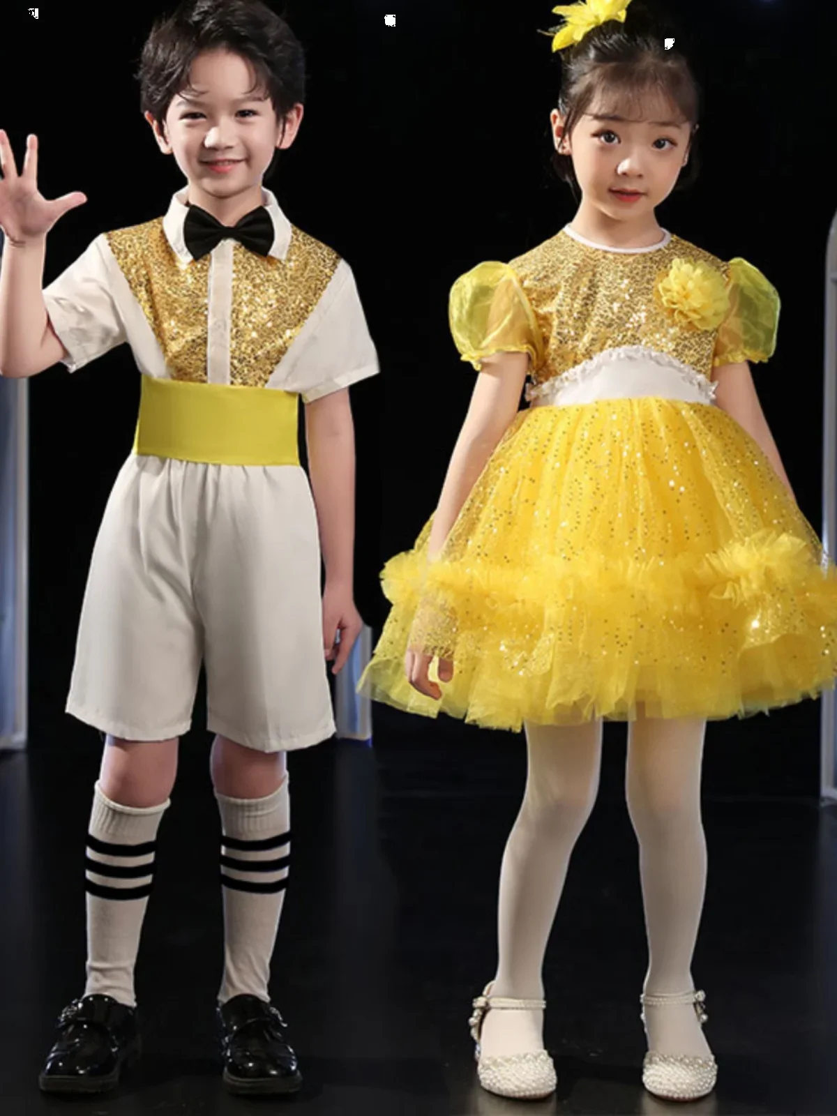 ملابس أداء الرقص الحديثة للأطفال ، فستان الأميرة ساري منتفخ ، زي جوقة رياض الأطفال ، ثوب الترتر الأصفر