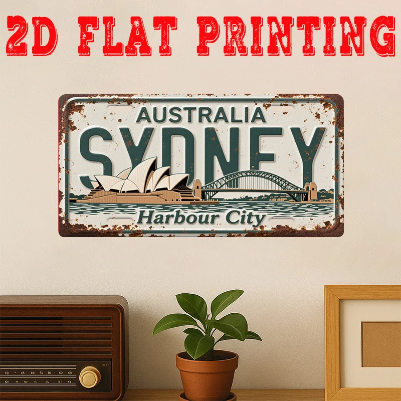 2D Flat, 1pc Vintage Sydney Australia Metal Tin Sign - Opera House & Harbour Bridge Retro Wall Art, Large 11.8