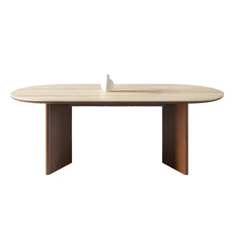 

Modern walnut kitchen limestone sintering stone dining table oval solid wood legs dining table set