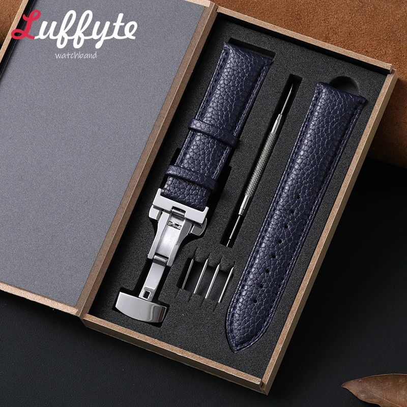 Business Butterfly Buckle Watch Accessories 18/20/22mm Universal Replacement Watch Band with Gift Packing Box Leather Watch Band