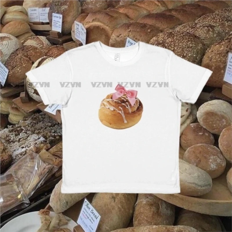 

Y2K Women Baby Tee Vintage Bread Graphics Crop tops Summer punk Casual Streetwear Basic kawaii White Slim T-Shirt emo