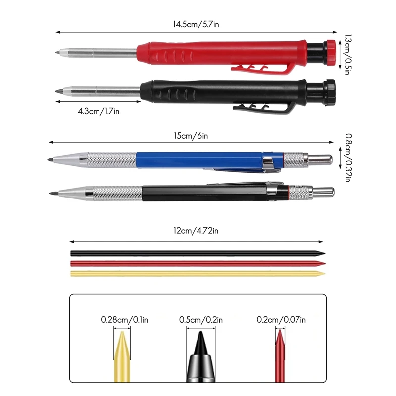 Solid Carpenter Pencil,Marker Refill Long Nosed Deep Hole Mechanical Pencil Woodworking Tools For Architect Woodworker