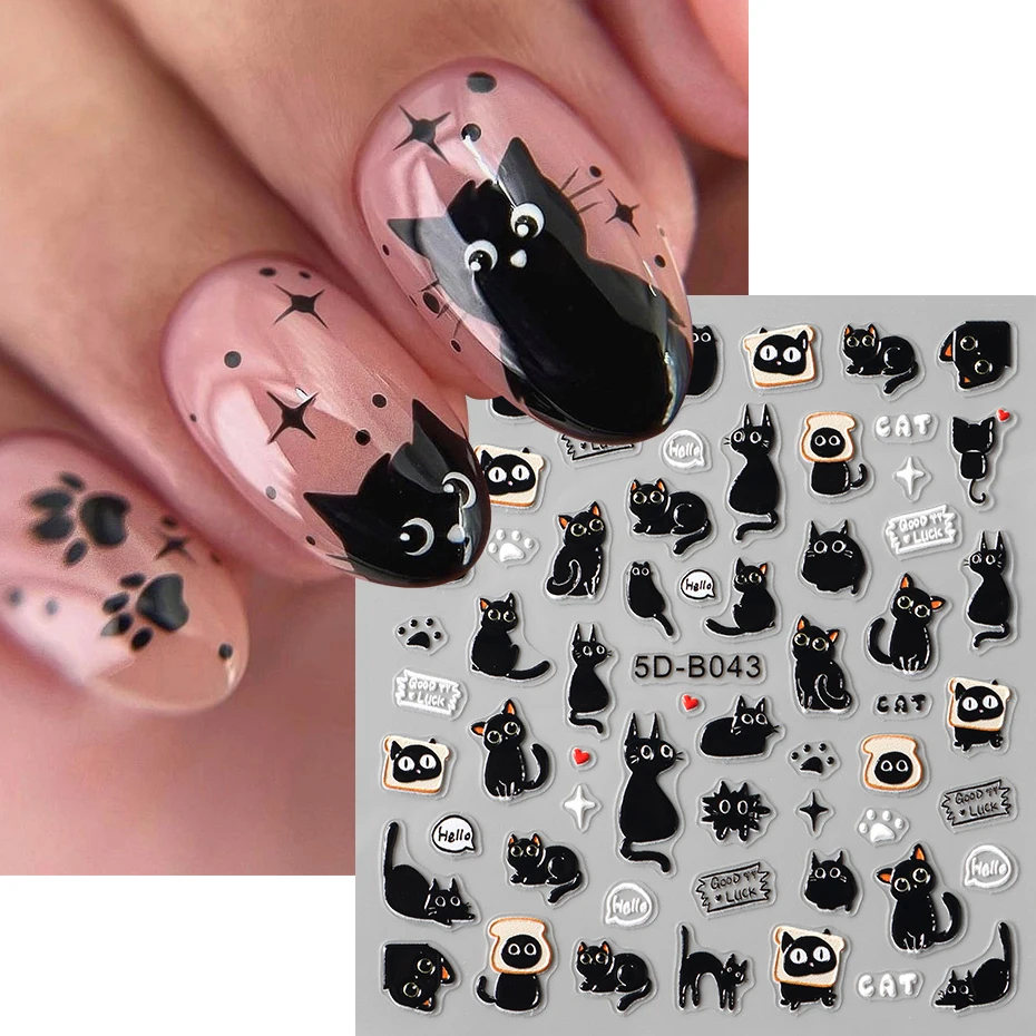 2 pezzi 3D adesivi per nail art gatto nero cartone animato adorabile gatto carino pane stella decalcomanie per unghie cursori di design decorazioni per nail art manicure