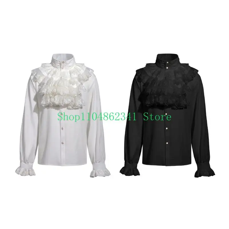 

5asd Men Pirate Shirt Medieval Vikinges Steampunk Shirt Top for Men Gothic Ruffle Stand Collar Shirt Halloween Costume Gifts