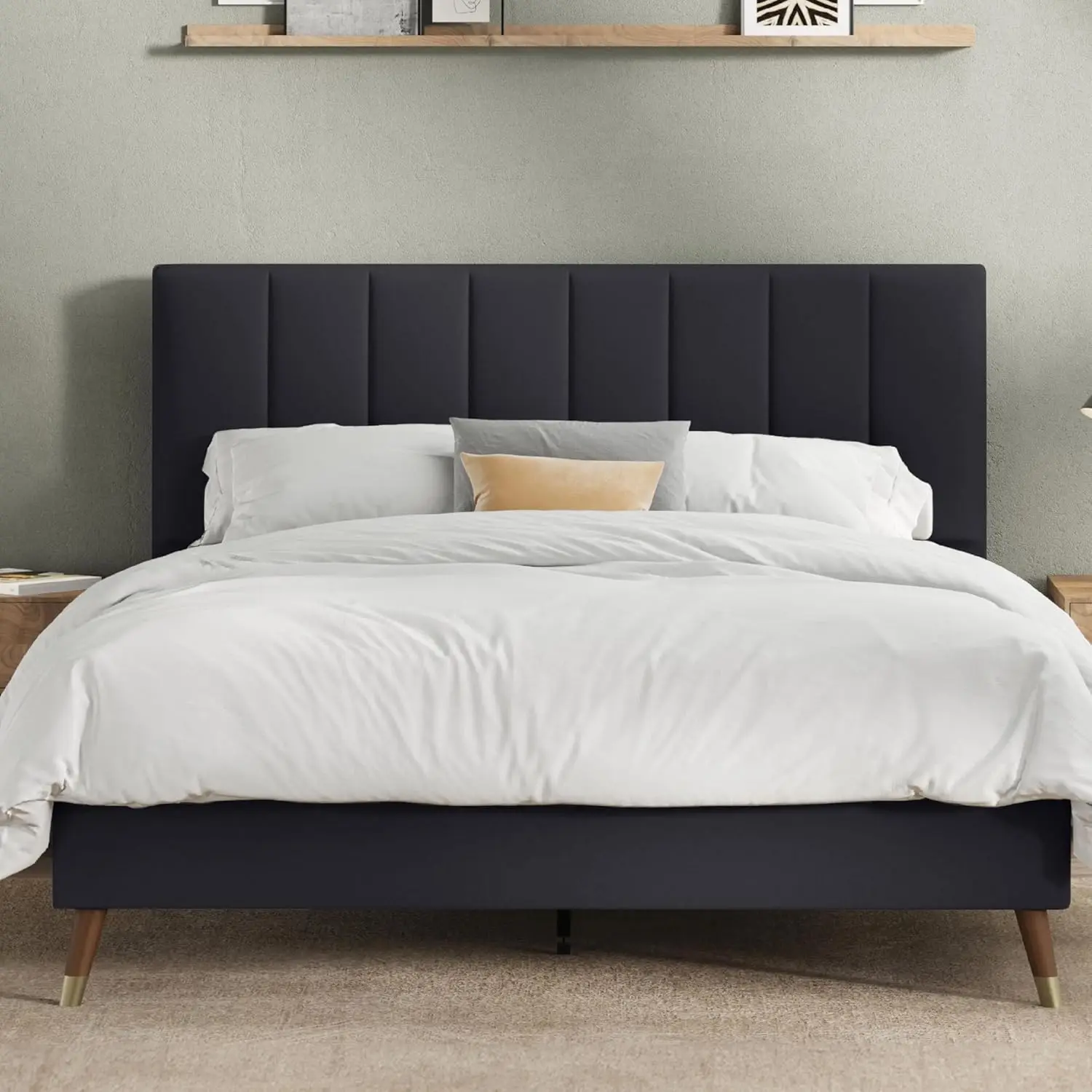 DG Casa Collette Mid Century Modern Tufted Upholstered Platform Bed Frame with Vertical Channel Headboard and Full Wooden Slats,