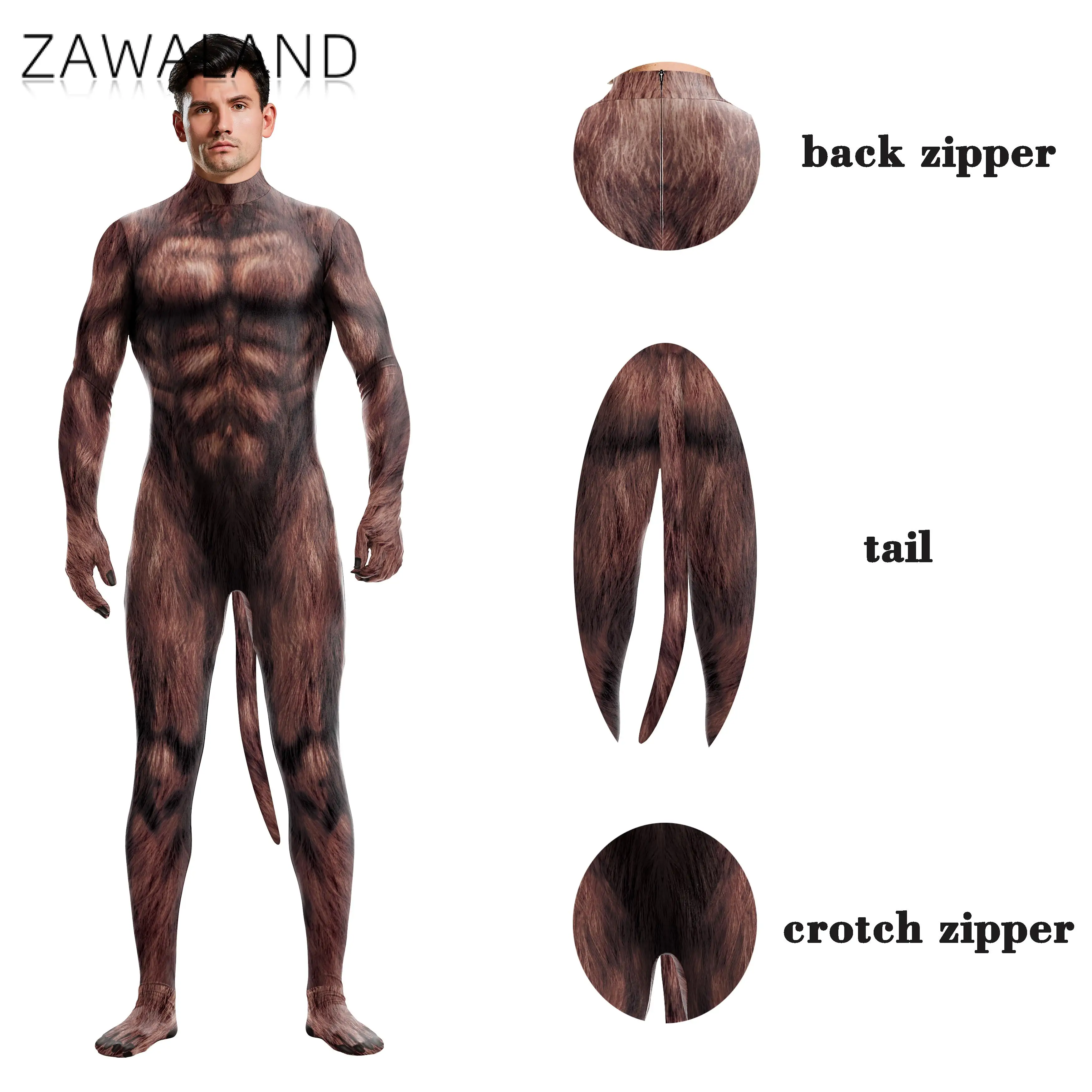 Zawaland Halloween Party Funny Cosplay Costumes Animal Wolf 3D Printed Bodysuit Zentai Full Cover with Tail Jumpsuits Catsuits