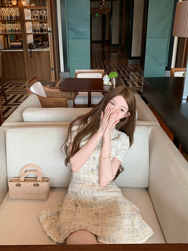 

Bigking Summer Holiday Small Fraance Sle Dr Women's A-Line Skirt Waist-Cinching Pleated ort Sve Wool Blend Dr