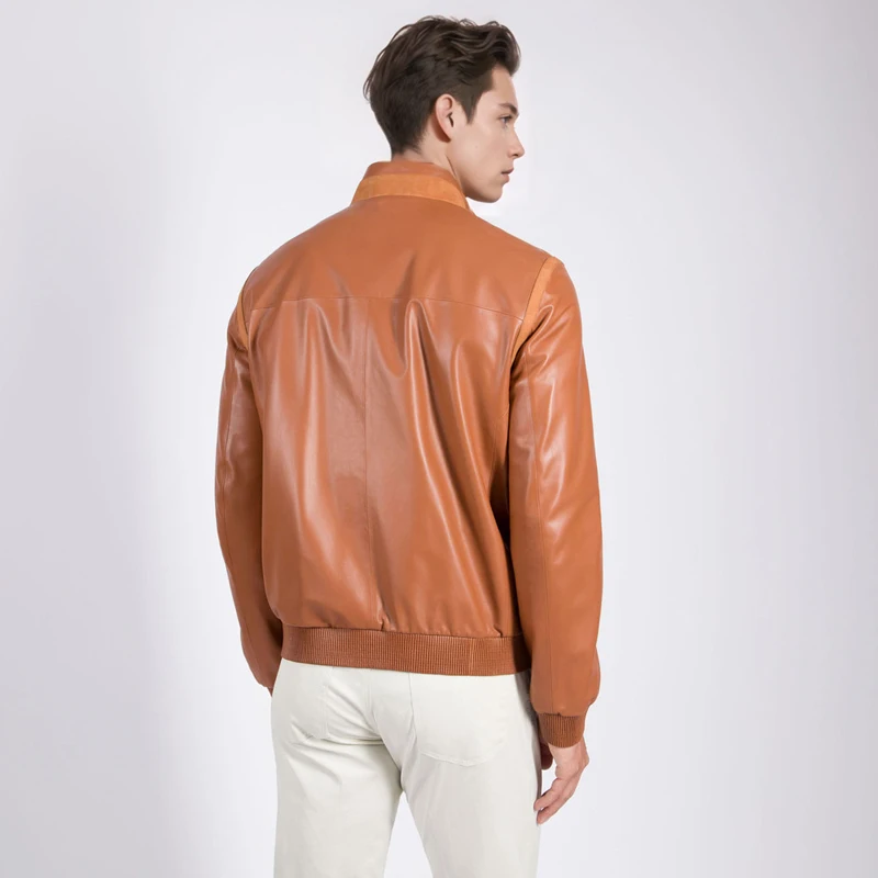 Veste en cuir marron debout pour hommes, manteau court en peau de mouton personnalisé, mode britannique, printemps et automne, nouveau produit