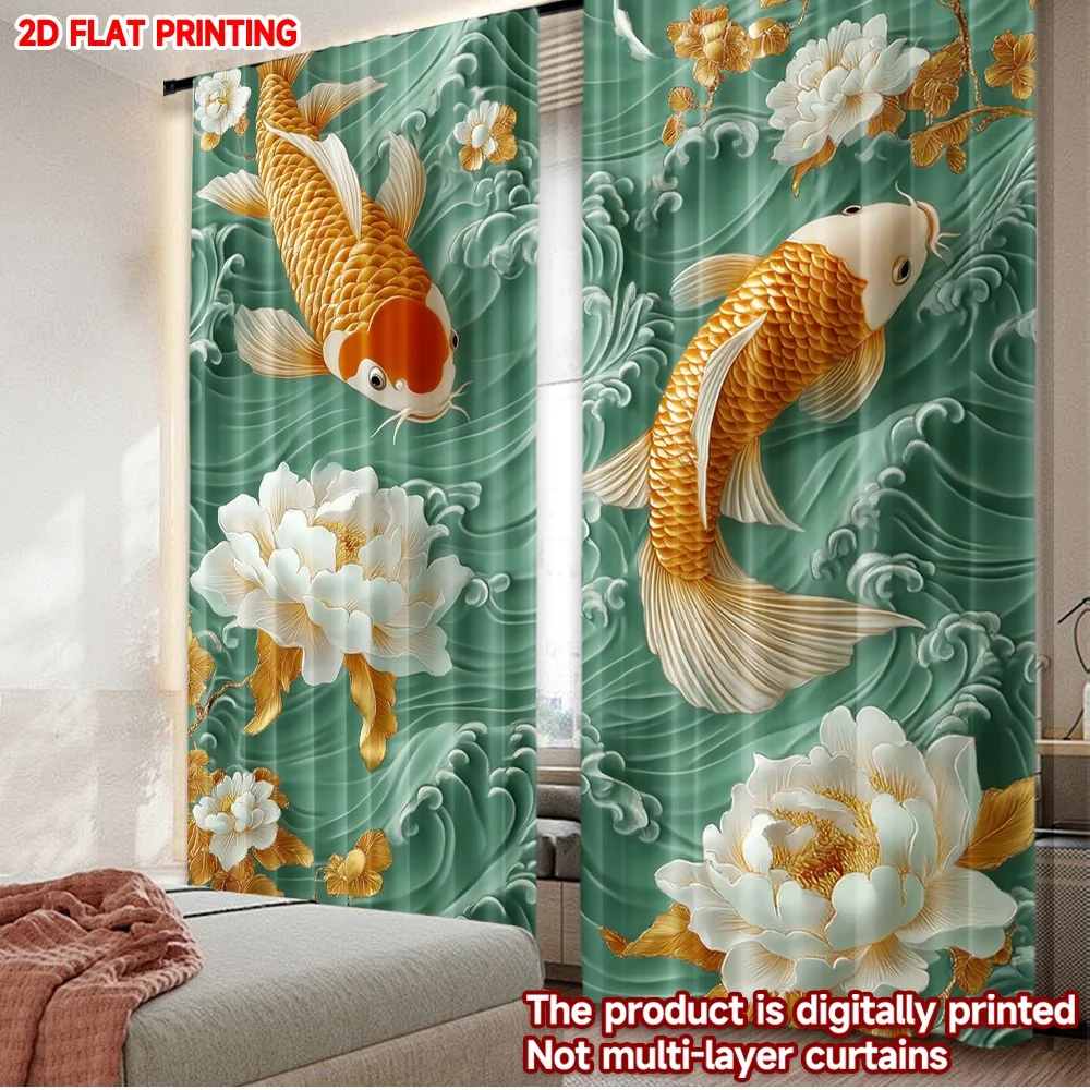 2D flat printing 2pcs Curtain Curtain Koi Fish Among Waves Digital Printed Polyester Drapes Seasonal Party & Holiday Decor for
