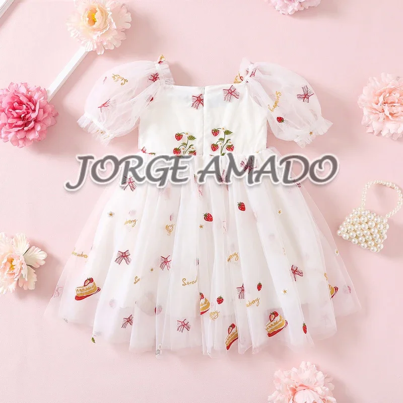 2024 Summer Sister Matching Outfits Strawberry Short Sleeves Bodysuit Birthday Princess Dress Twins Daughter Clothes H4358