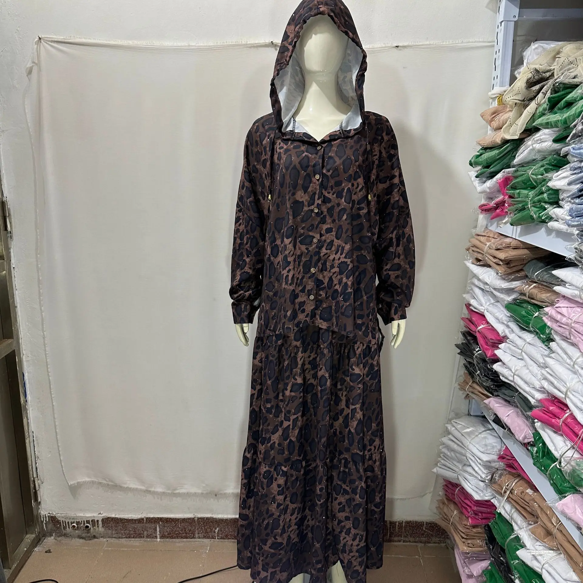 Muslim Two Pieces Set Women Dubai Dress Buttons Tops Skirt Suits Abaya Arab Kaftan Islam Leopard Print Outfits Turkey Jalabiya