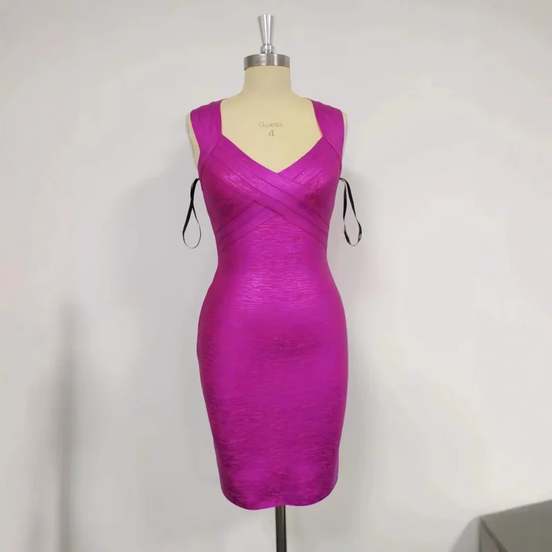 

New Style European and American Gold Foil Multicolor Bandage Dress Evening Gown