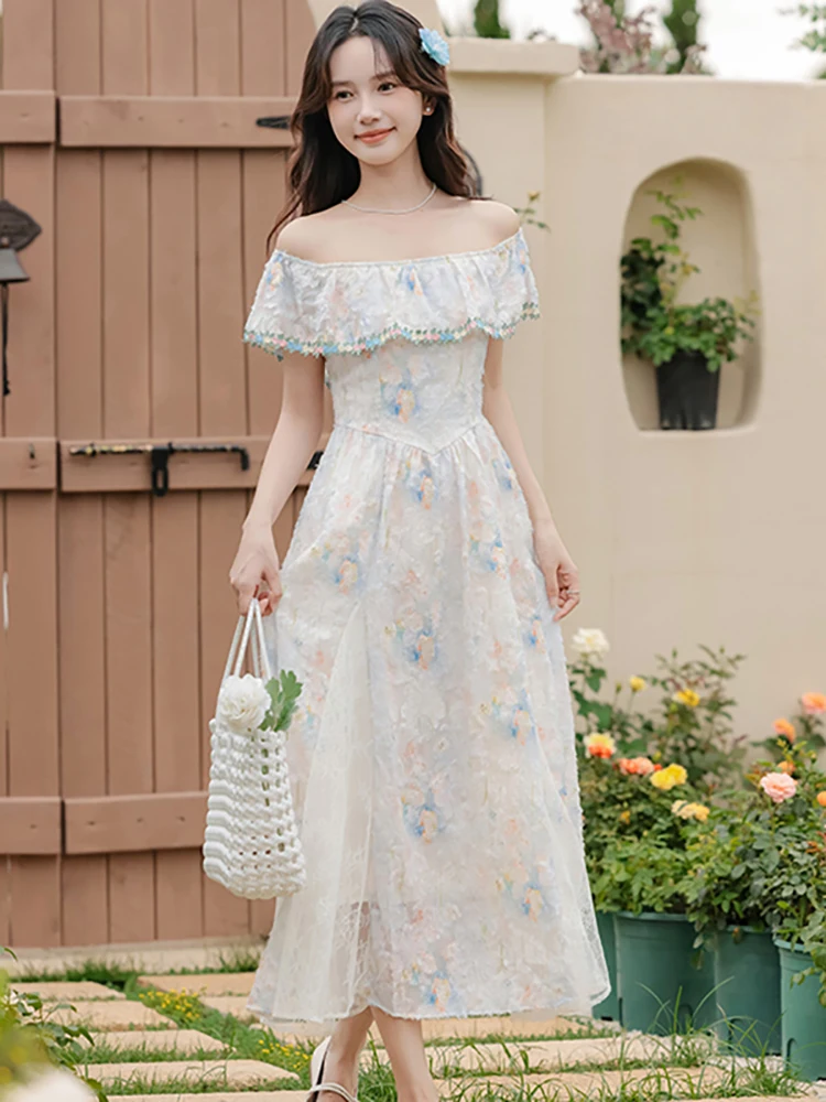 2025 Boho Floral Chic Ruffledหน้าอกห่อชุดฤดูร้อนElegant Bodycon A-Lineชุดยาวผู้หญิงใหม่เกาหลีแฟชั่นพรหมชุด
