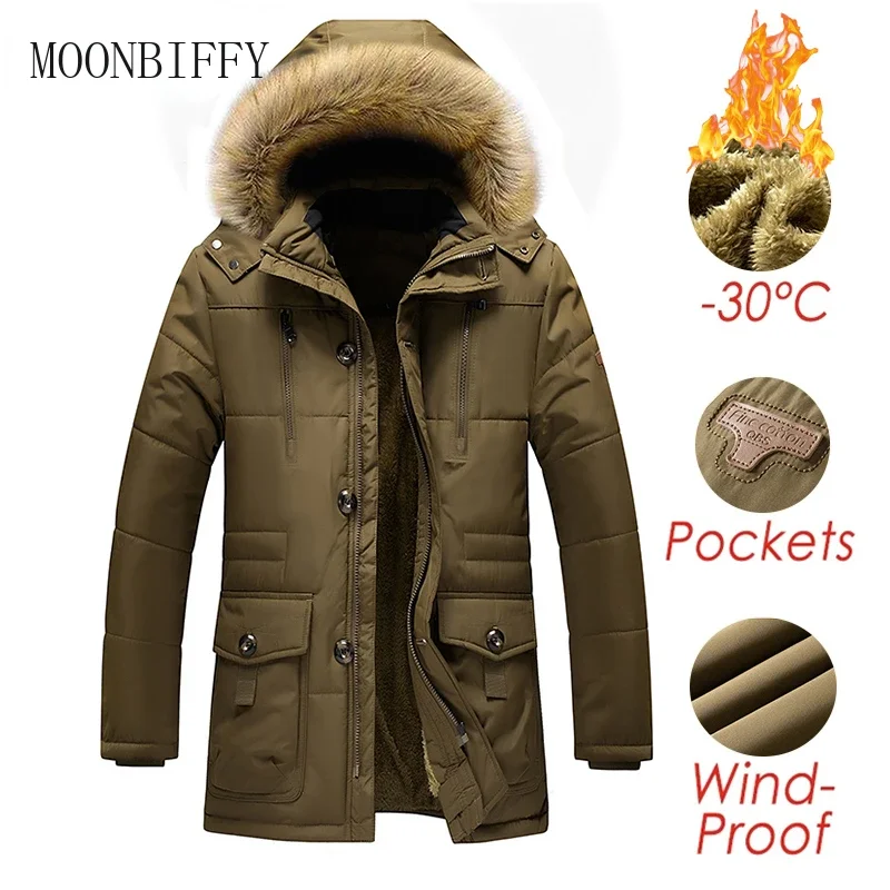 Chaqueta de invierno para hombre, Parkas, abrigo con Cuello de piel, chaquetas gruesas de algodón con forro de lana cálida, abrigos informales para hombre, chaquetas para hombre