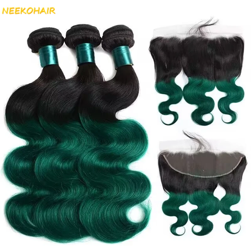 Ombre 1B/Dark Green 3 Bundles With 13x4 Frontal Weave Body Wave Remy 100% Human Hair Ombre Green 3 Bundles With 4X4 Closure