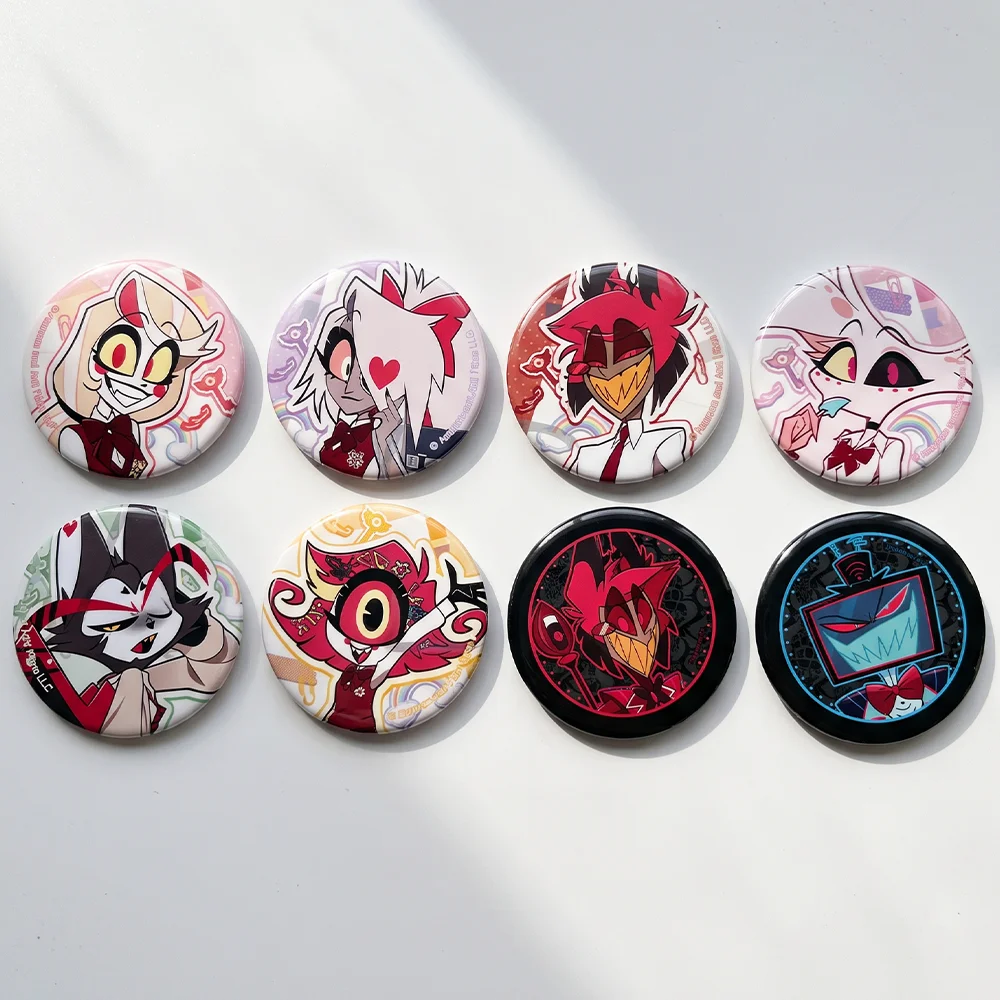 Hot Anime Hazbin Hotel New Arrivals Vox Lucifer Alastor Badge 58MM Acrylic Stand Keychain Backpack Decoration Halloween Gifts