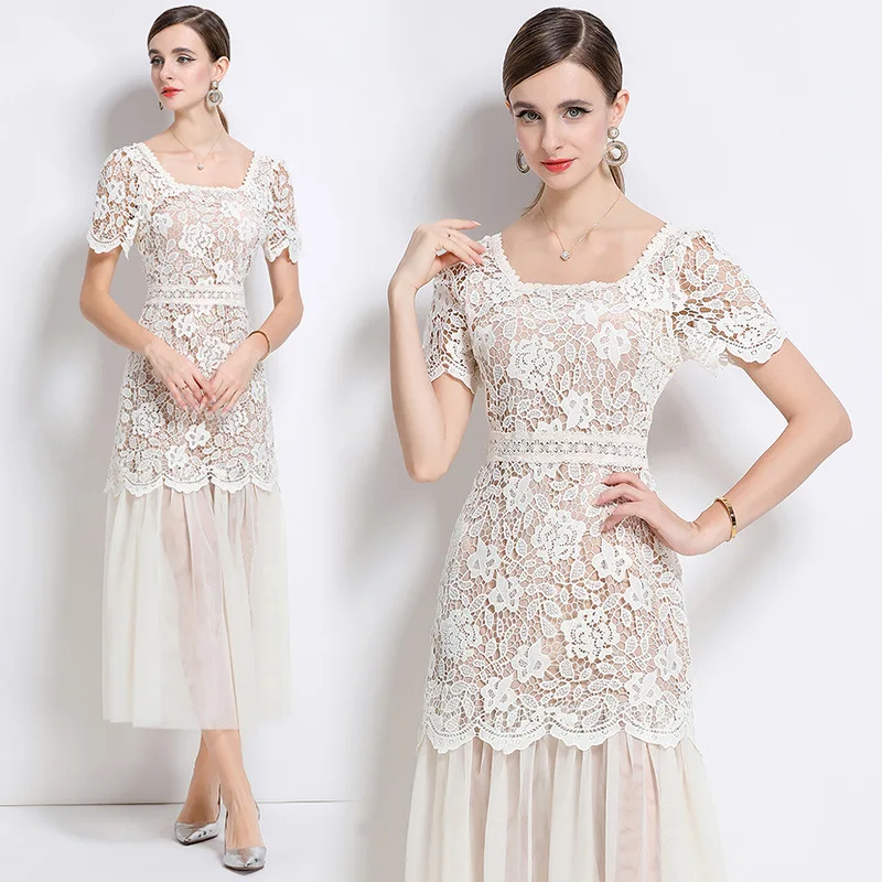 Ele Long Dr Lace Square Collar High-End Netting Splicing Ele Chic Sle Autumn Season oulder Baring Midi Dr