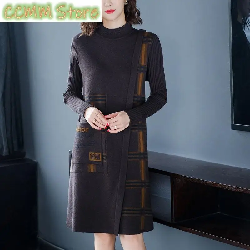 

Korean Plaid Spliced Pockets Dresses Autumn Winter Chic Asymmetrical Casual Half High Collar Knitted Midi Dress Female Clothing