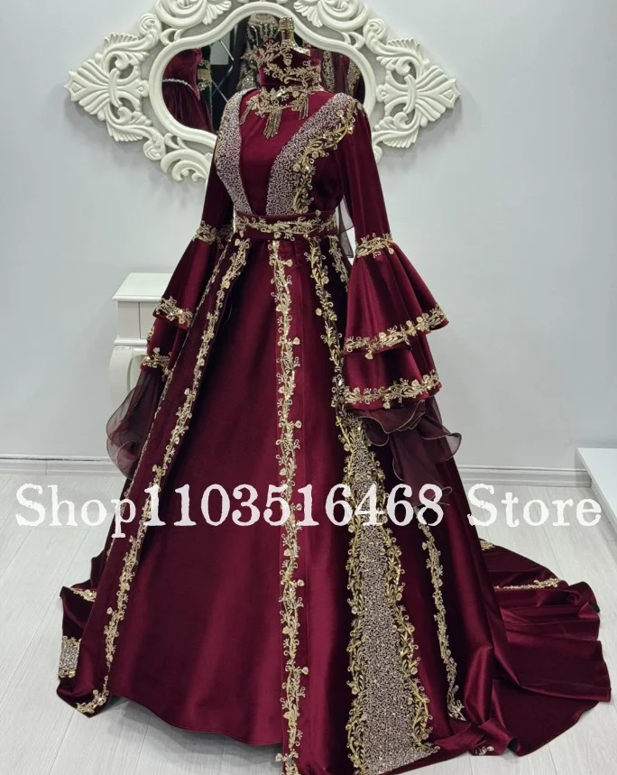 Maßgeschneidertes Burgunderrotes Elegantes Orientalisches Hochzeitskleid Traditionelle Arabische Hochzeitskleidung Festliches Feierkleid Muslimisches Gewand