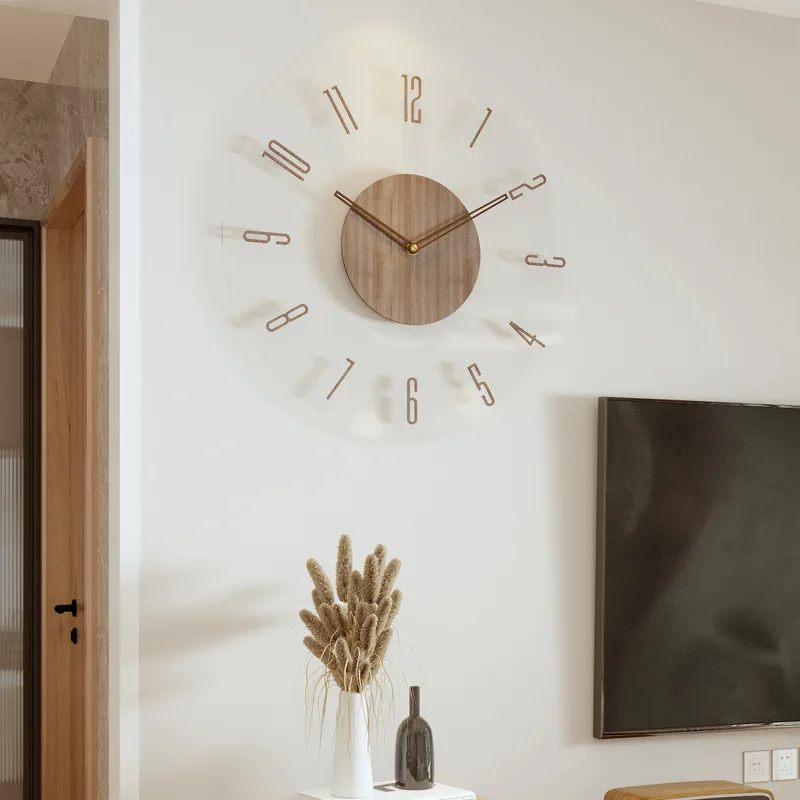 Relojes de pared creativos de madera maciza para sala de estar, reloj de cuarzo Simple nórdico silencioso, reloj de pared grande, nuevo, 2024