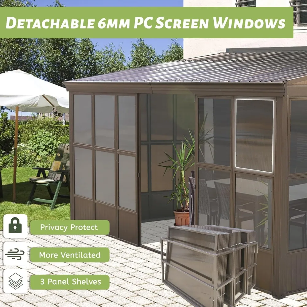 12 x16ft veranda, Solarium Gazebo a parete con porta d'ingresso, ingresso laterale, tetto inclinato in acciaio zincato, schermo PC mobile