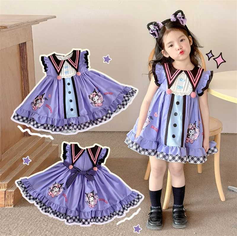 Kawaii Kuromi Cinnamoroll Children\'s Sweet Baby Lapel Princess Dress Summer Anime Sanrios Girly Heart Cute Cake Skirt Dress