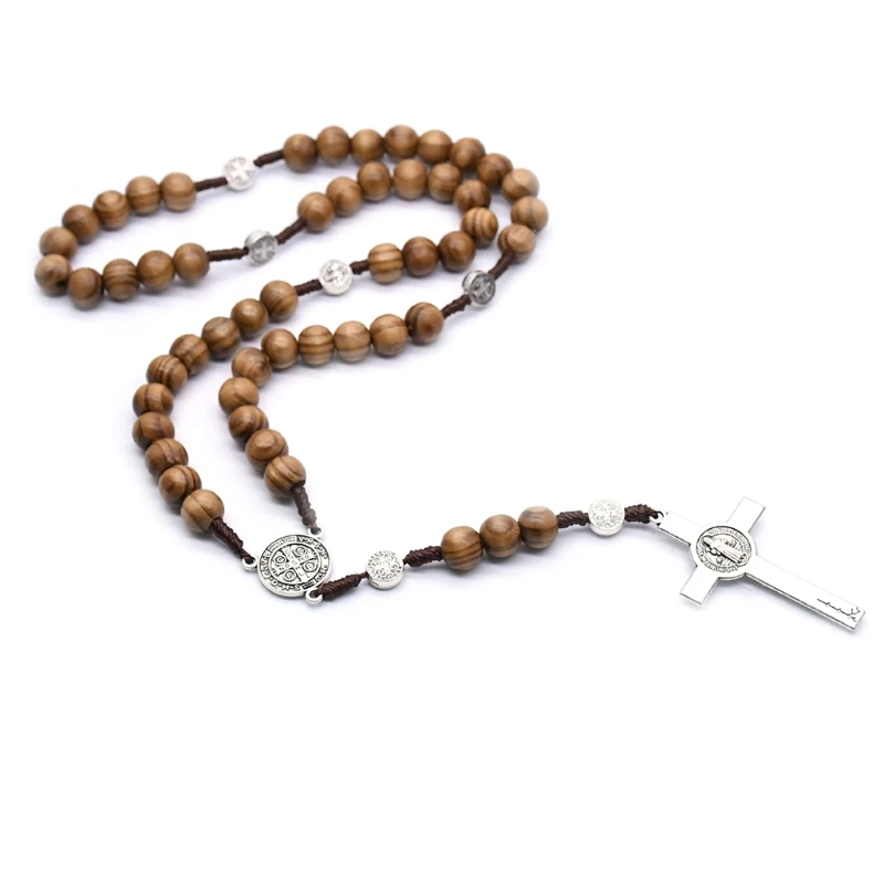 Y1UB Handmade Round Bead Rosary Necklace for Men for Cross Jesus Pendant Catholic Religious Jewelry Charm Gifts