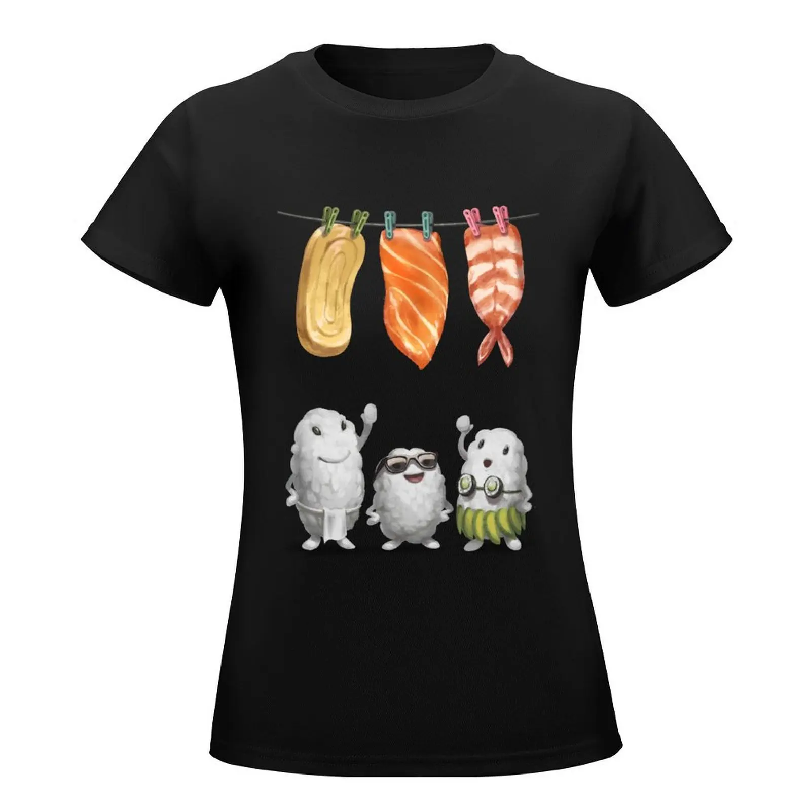 Salmon, Tamago, Ebi Nigiri Sushi Doing Laundry, Japanese Foodie T-Shirt anime animal print Women clothing