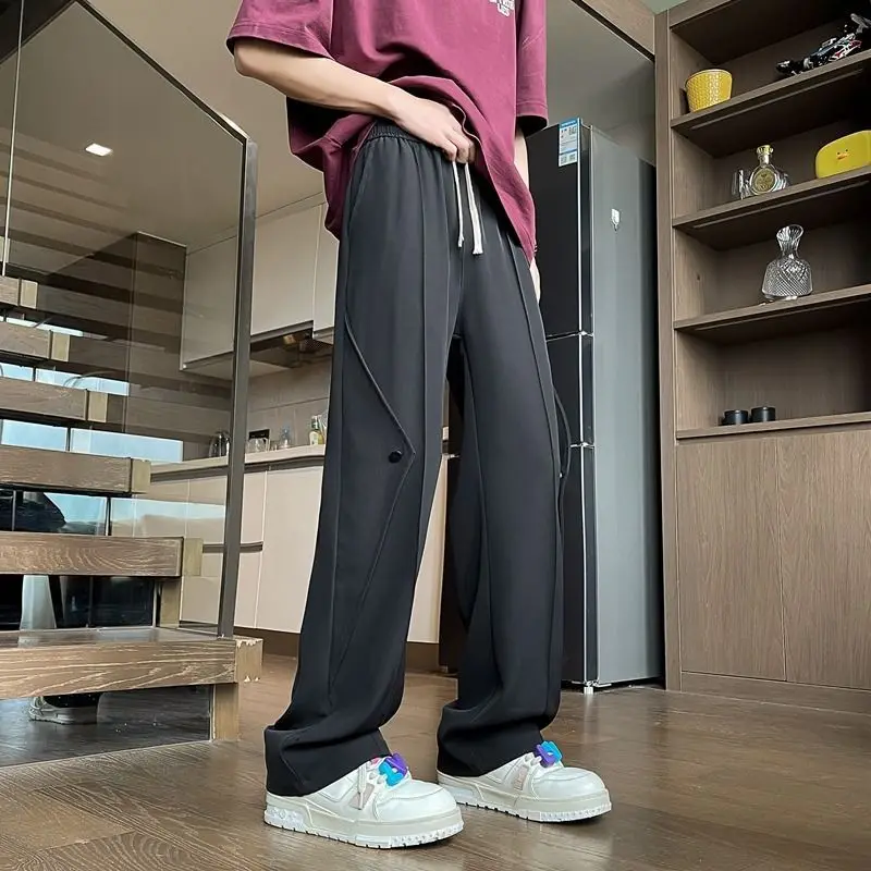 Men Fashion Drawstring Casual Pants Summer Thin  Korean Loose Ice Silk Straight Pants Suit Trousers Y2k New Streetwear M-2XL