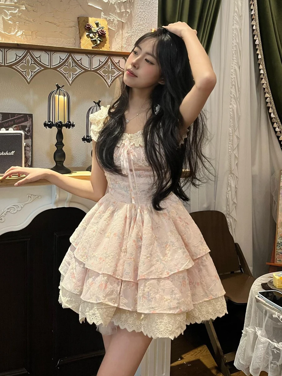 

Princess Style Floral Print Puffy Sleeve Waist Cinched Summer Dress Women's Pink Sakura Cake Skirt Short Dress Casual A-Line ...