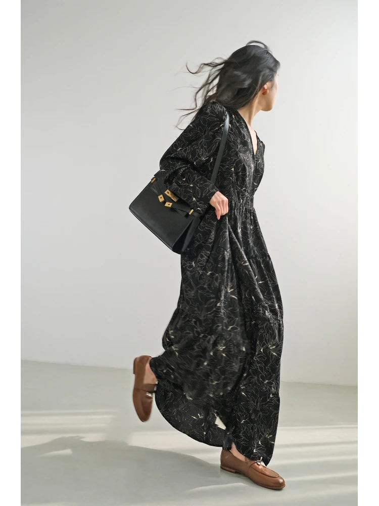 

Летнее свободное платье-миди с принтом, завышенной талией, А-силуэтом, длинными рукавами, V-образным вырезом и застежкой-молнией, для повседневной носки