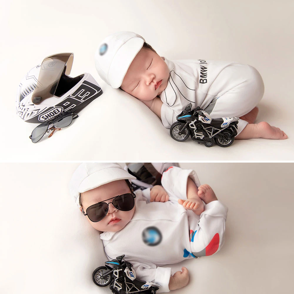 0-1 maand pasgeboren fotografie rekwisieten motorsportstijl outfits met bijpassende hoed en helm babykostuumset voor fotograaf