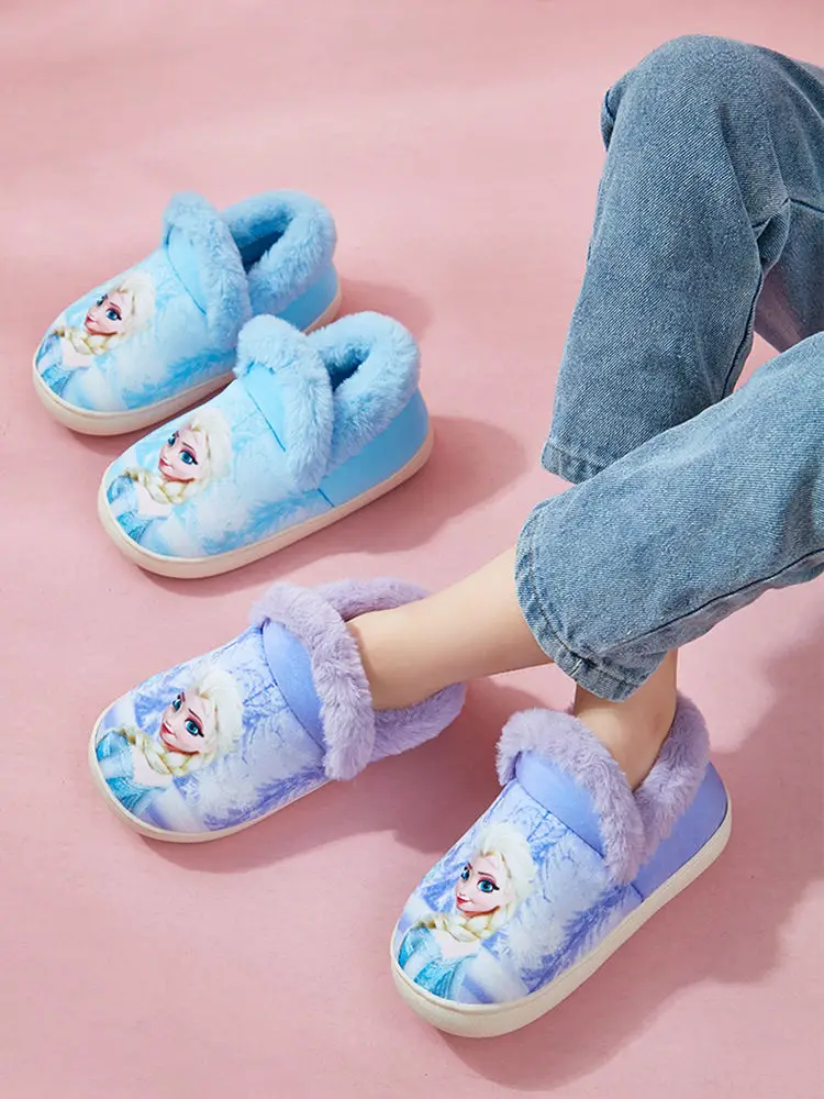 Disney Children Cotton Slippers Kids Girls Cartoon Frozen Elsa Print Autumn Winter Warm Princess Baby Indoor Bedroom Home Shoes