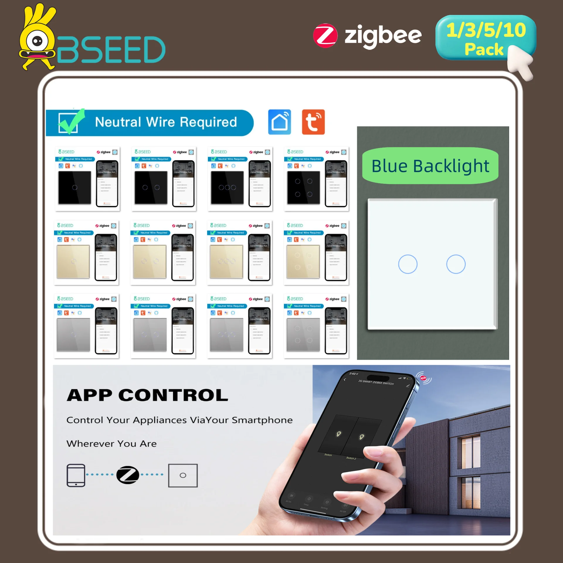 BSEED Zigbee Touch Switches 1/2/3/4Gang Smart Light Switch Wall Stair Switches Tuya Control Smart Life APP Google Alexa Neutral