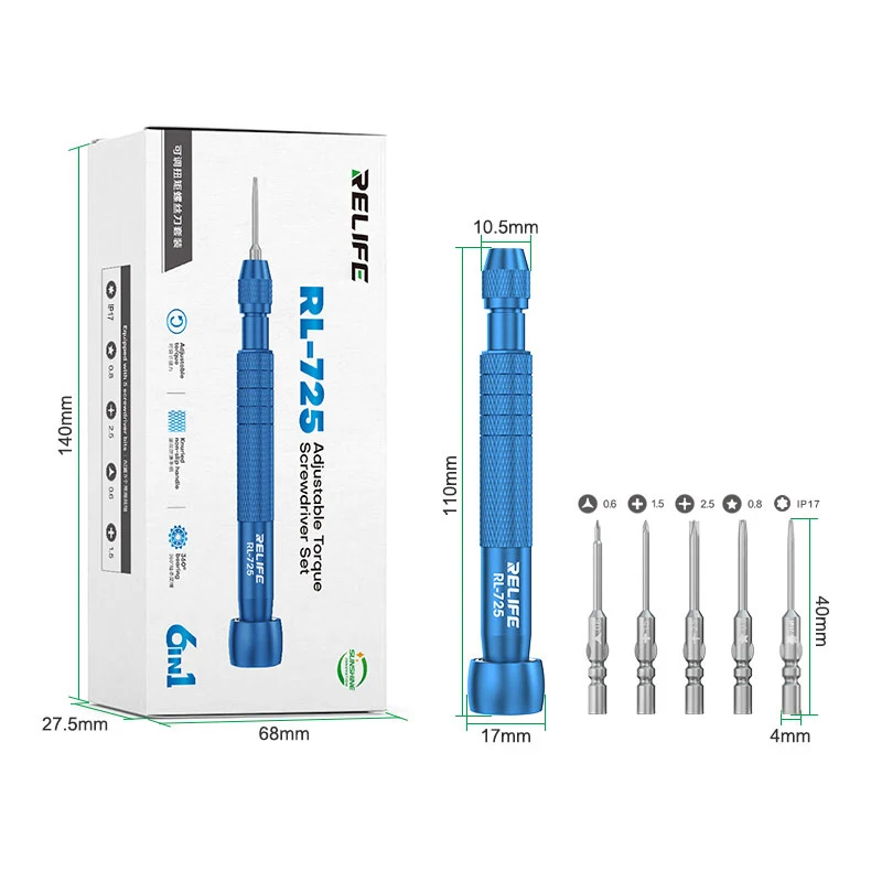 RELIFE RL-725 Adjustable Torque Screwdriver Set 6 in 1 Disassembly and Repair Phone Opening Tool Screwdriver Set