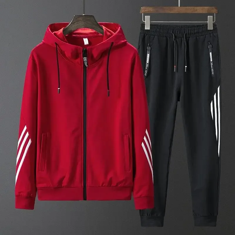 Men's Spring Autumn Training Set Long Sleeve Hooded Sweatshirt and Loose Pants for Casual Running and Outdoor Sports