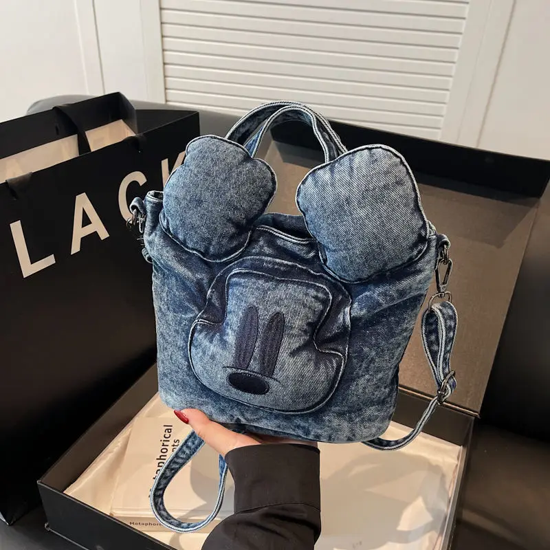 

Disney Mickey Wash Denim Personality Large Capacity Bucket Bag Bag Portable New Vintage Fashion Crossbody Shoulder Bag Gift