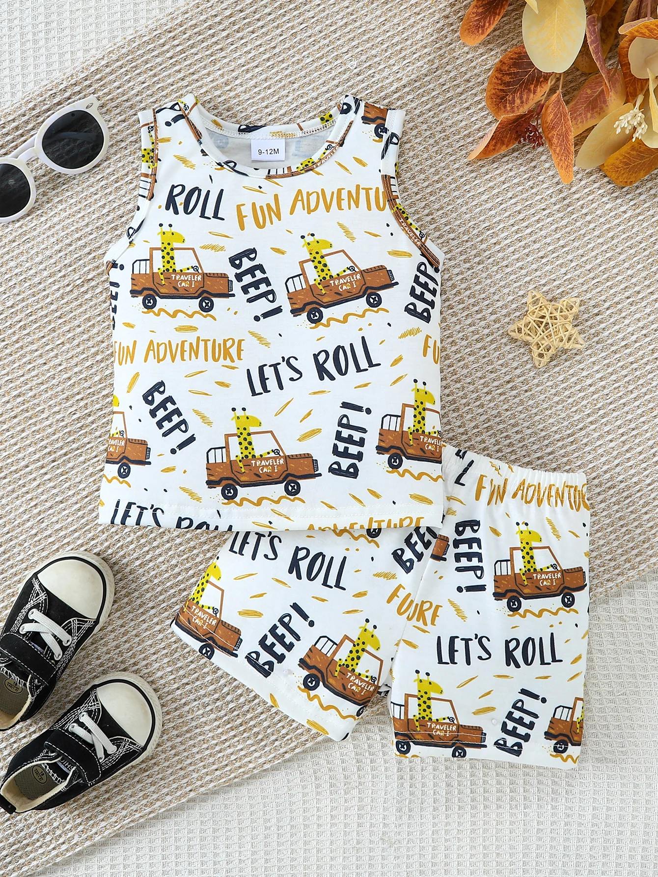 2pcs Summer Kids Giraffe & Car Print Sleeveless Set, Daily Wear/Outdoor Play/Home Casual, 1-6Y Boys, Crew Neck Tank Top, Elastic