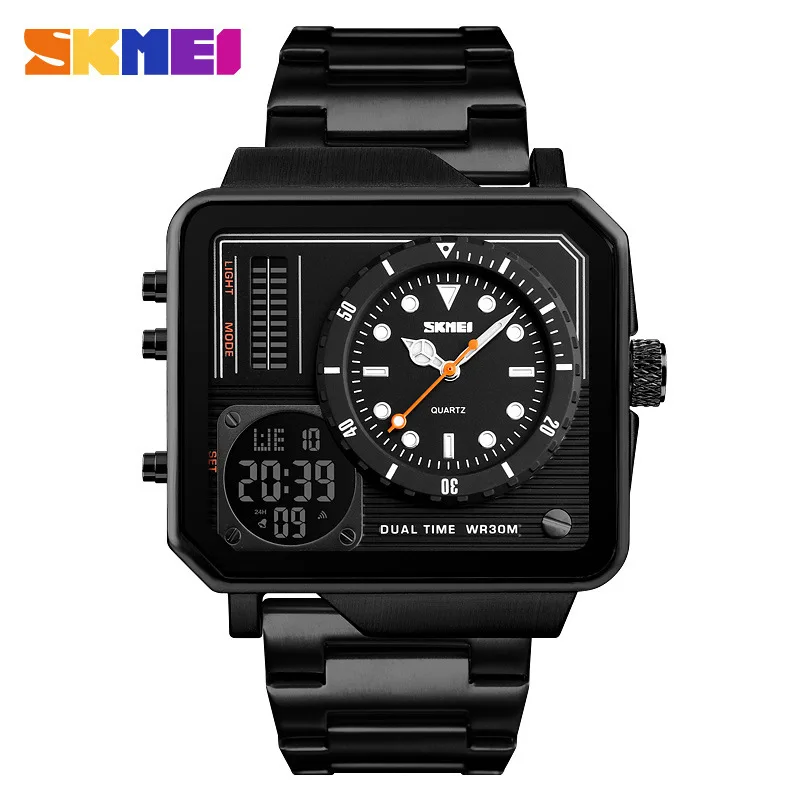 Dual Display Electronic Watch, Steel Strap, Casual, Quadrado, Ouro, Frete Grátis, Marca Oficial, Moda