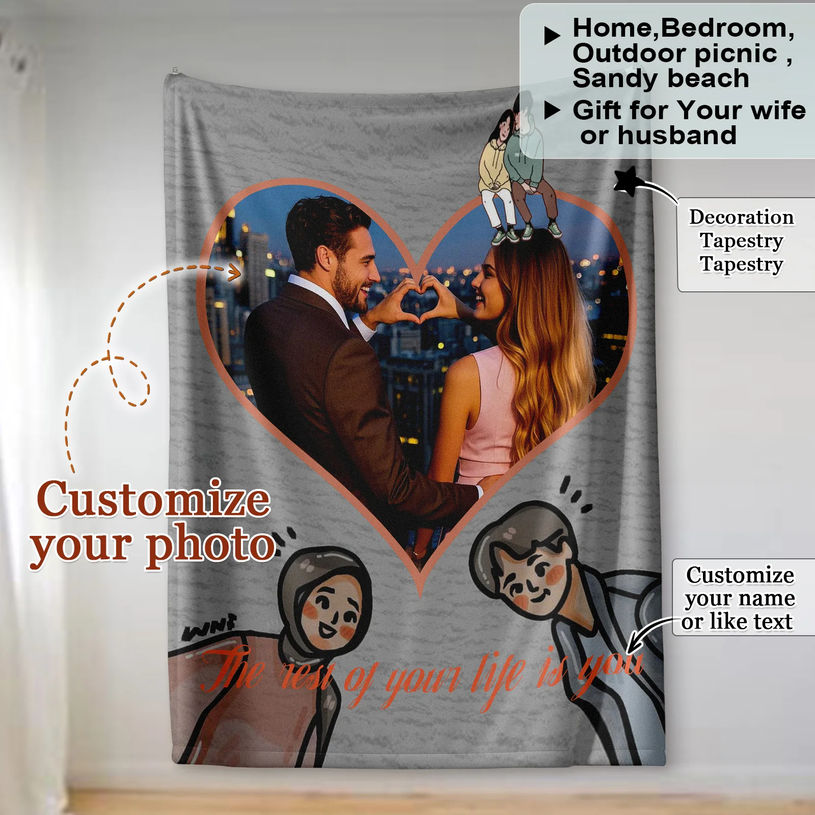 

City Love Background Blanket Love Shape Custom Blankets with Photo Text or Name Valentine's Day Wedding Gift for Wife Husband