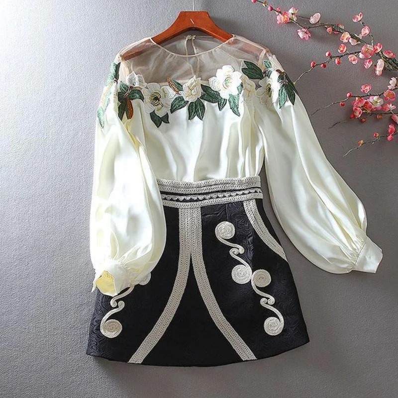 Embroidered Satin Women\'s Blouse Office Lady O-neck Elegant Tops Mesh Patchwork Long Lantern Sleeve Shirt Fashion Casual