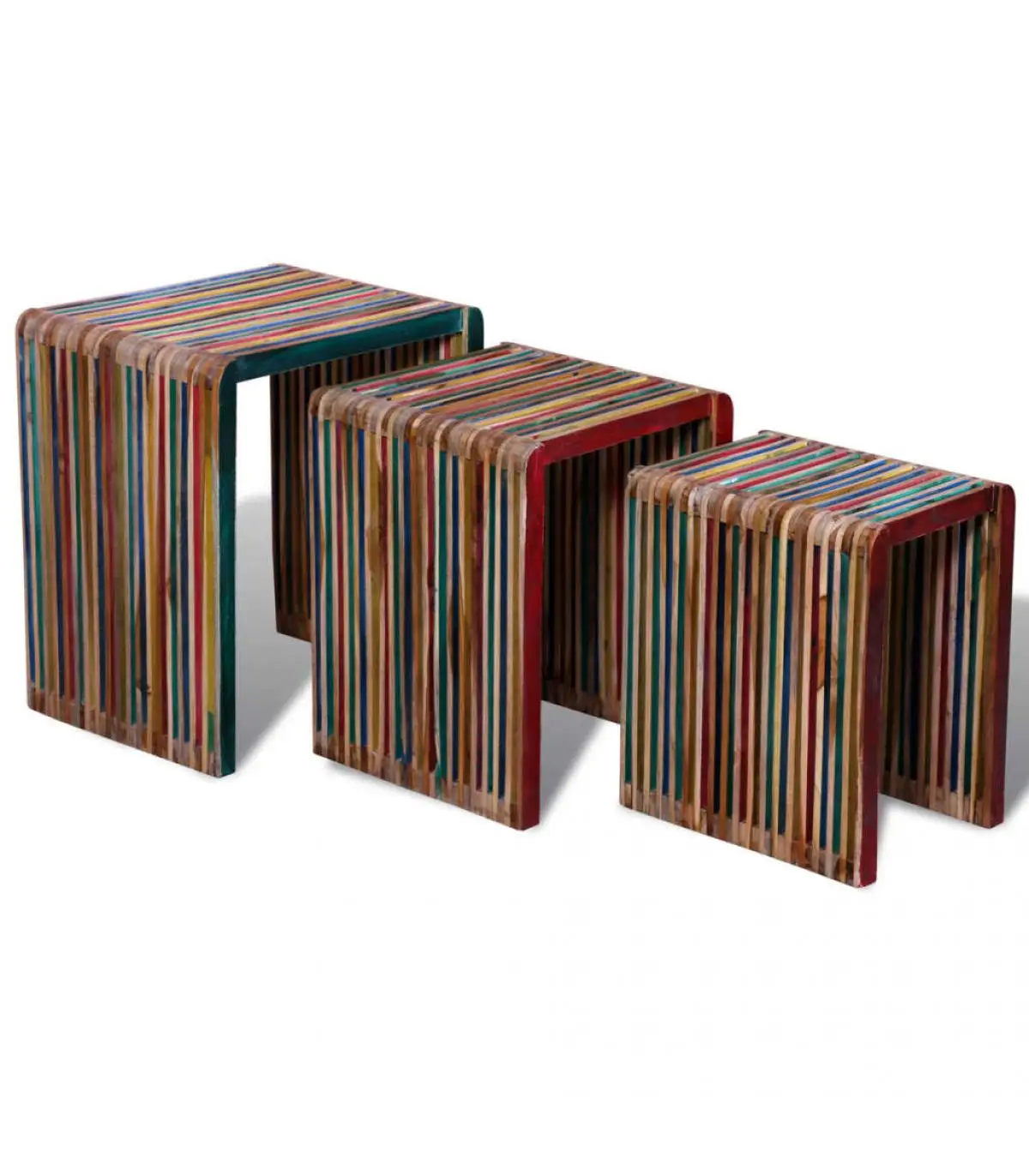 Colorful Recycled Solid Teak Stackable 3-Table Auxiliary Tables