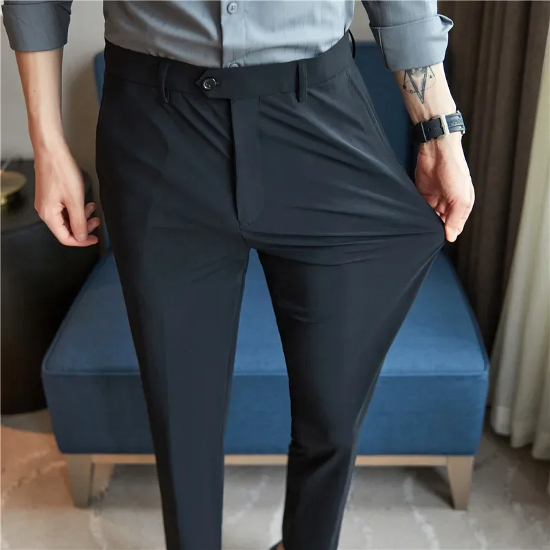 High Elastic Men Pants Summer Thin Fashion Casual Suit Pants Men\'s Business Formal Straight Sleeve Trousers Mens Plus Size 28-38