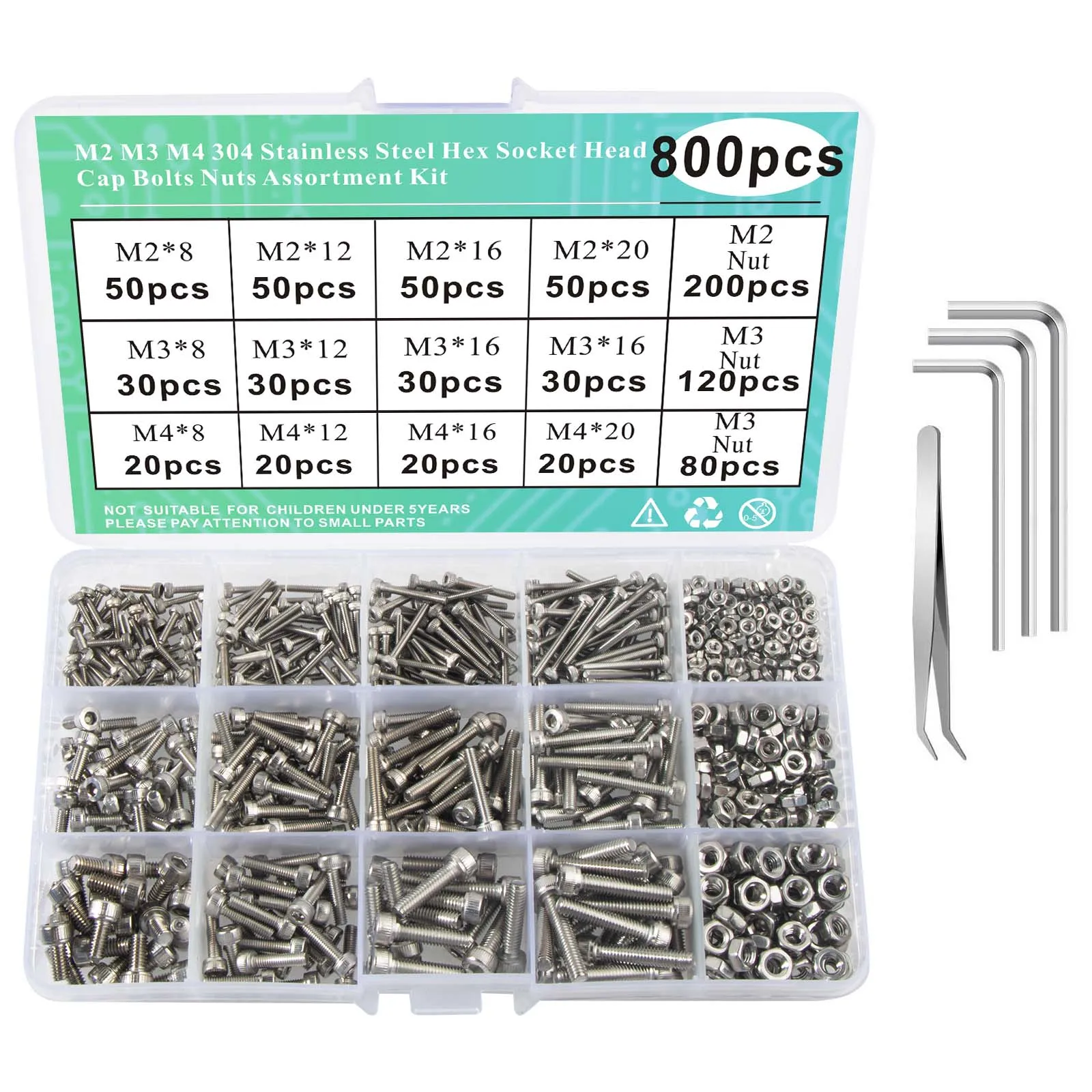 

M2M3M4 304 Stainless Steel Hex Socket Head Cap Bolts Nuts Assortment Kit (700/560/400/800Pcs) with Hex Wrenches