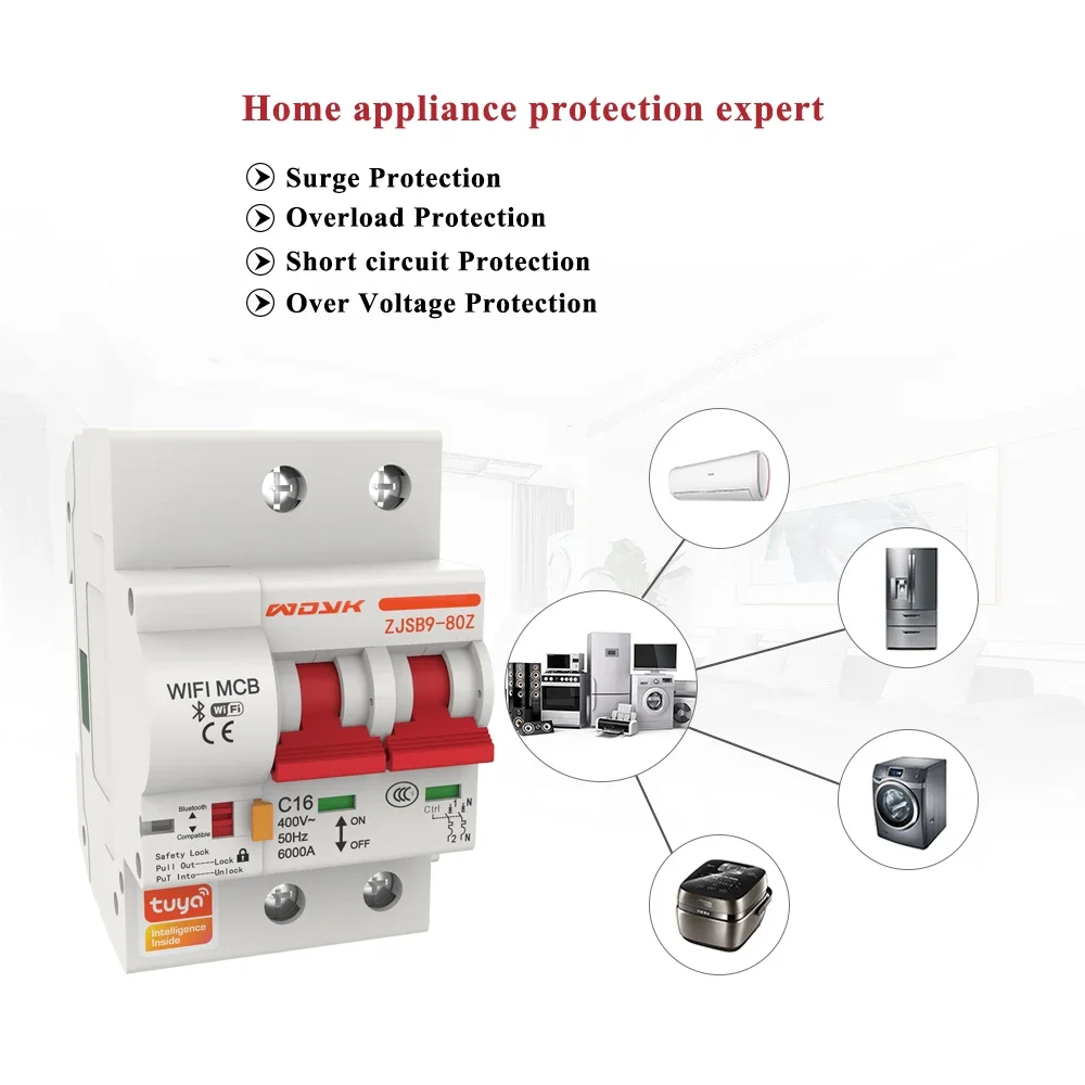 Interruptor inteligente Tuya Smart 1, 2, 3 y 4 fases, interruptor WIFI con riel Din, 63A MCB, protección contra cortocircuitos y sobrecarga, control remoto Alexa